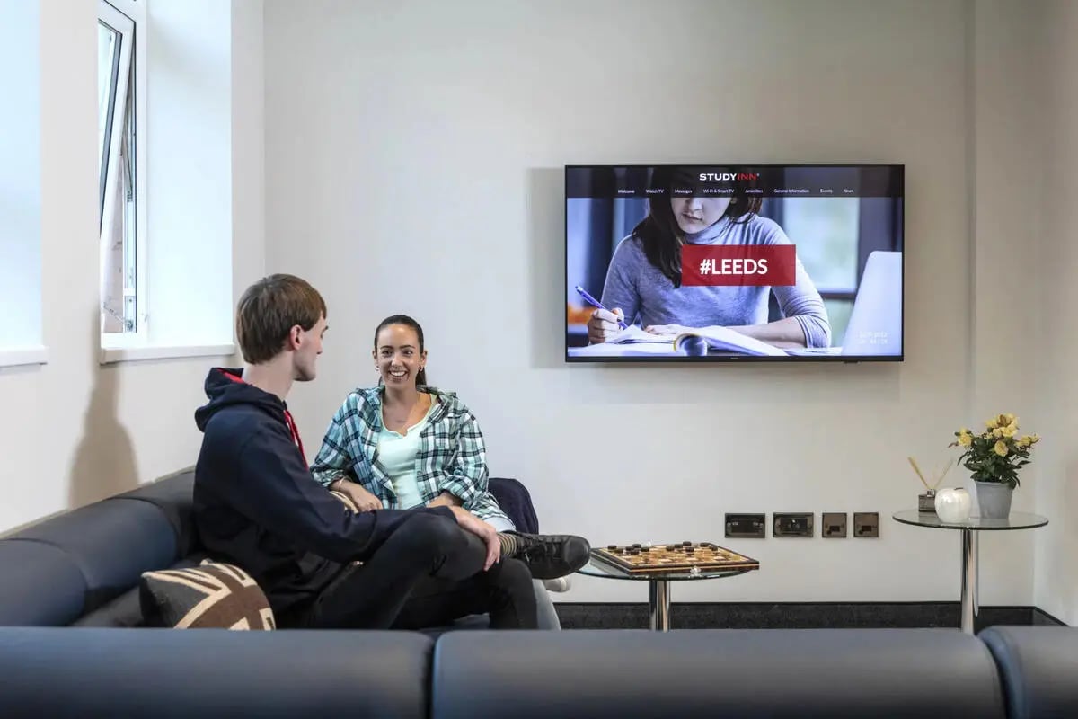Sofa checkerboard television students social area at Brotherton House in Leeds Student Accommodation