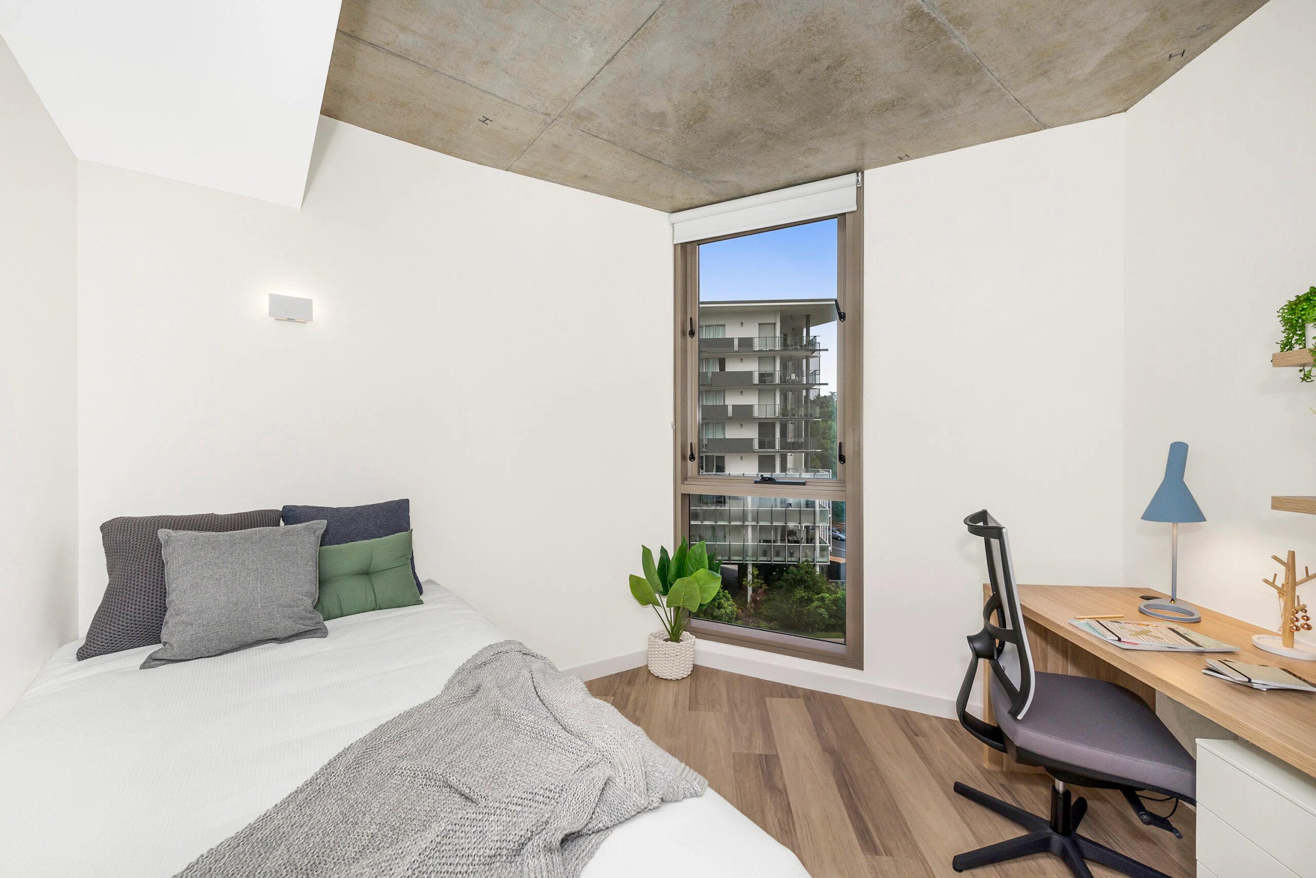 Bed desk chair plant and window bedroom. at Scape St Lucia in Brisbane Student Accommodation