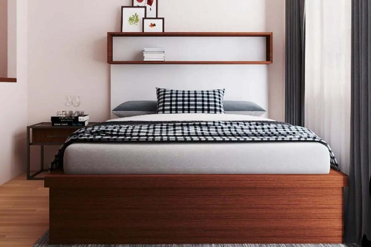 Bed with checkered blanket and side table bedroom at Pavillion - Birmingham in Birmingham Student Accommodation