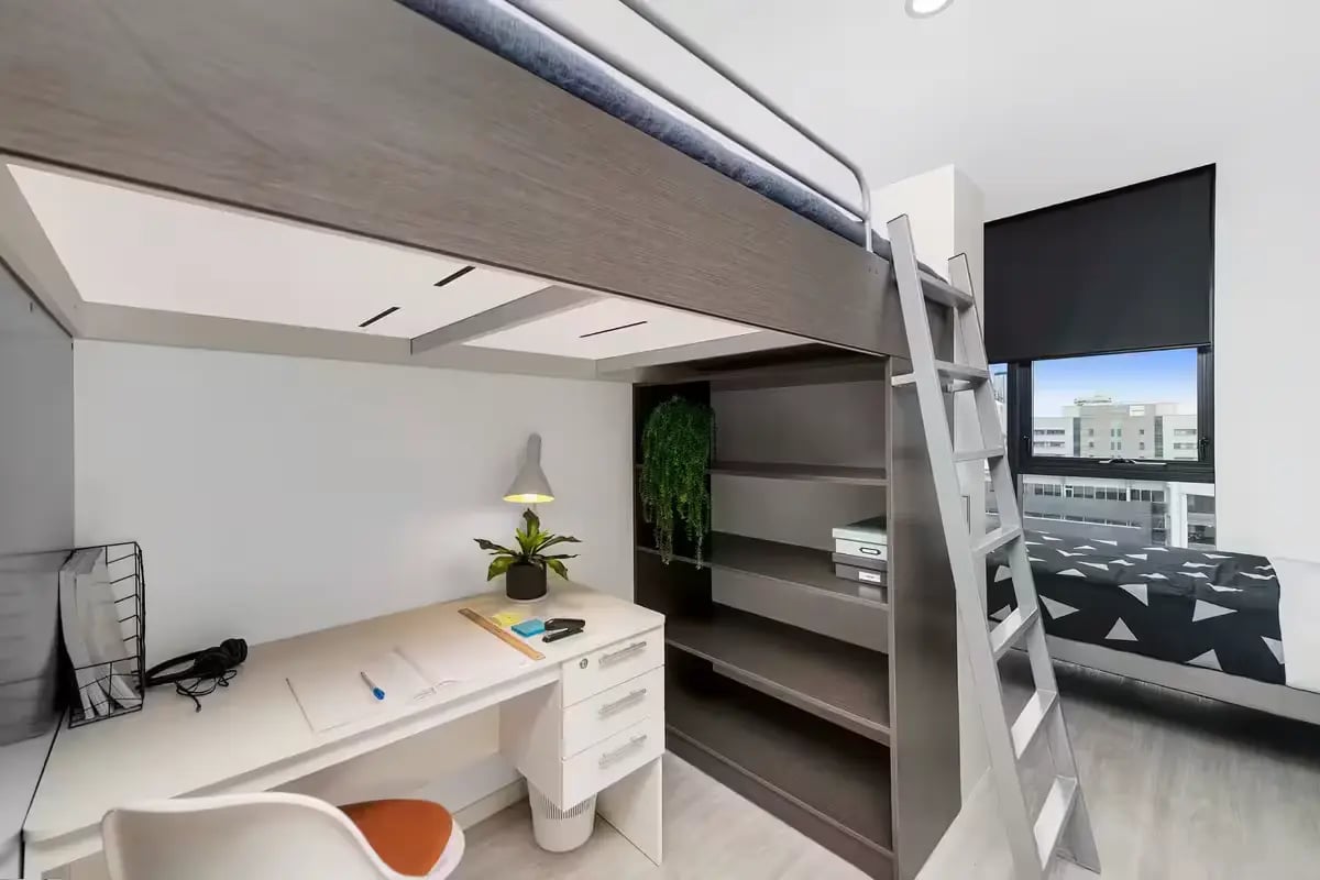 Loft bed desk plant shelves and bed bedroom at Scape Merivale in Brisbane Student Accommodation