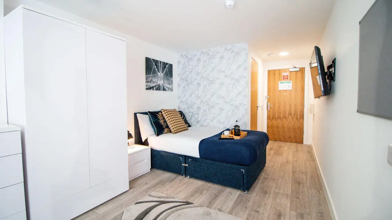 Wardrobe bed and wall mounted television bedroom at Stanley House Nottingham in Nottingham Student Accommodation