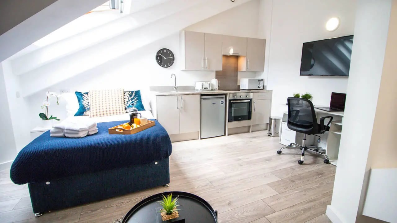 Bed kitchen desk television studio apartment at Stanley House Nottingham in Nottingham Student Accommodation