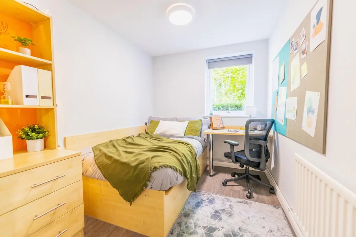 Bed desk chair plants dresser and shelving bedroom at Beech Gardens in Birmingham Student Accommodation