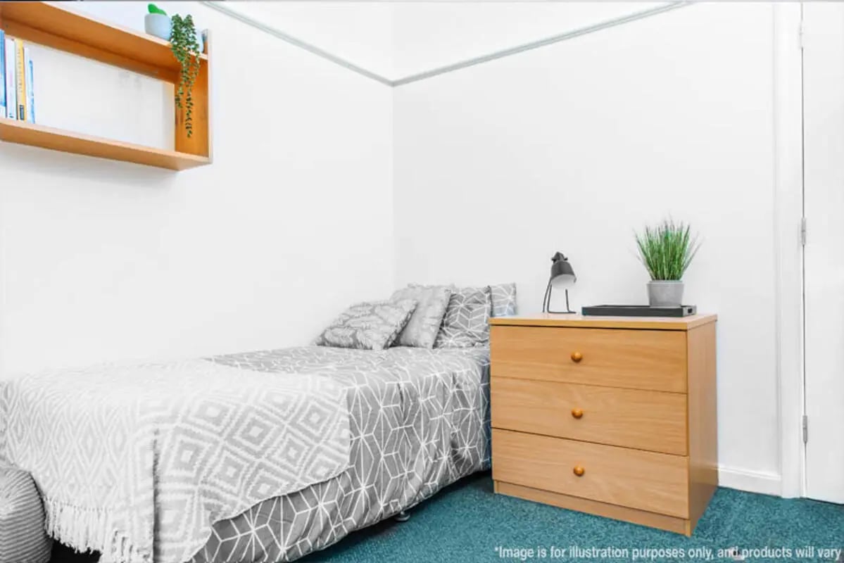 Bed with patterned bedding bedside cabinet lamp plant bedroom at Oxley Residence in Leeds Student Accommodation