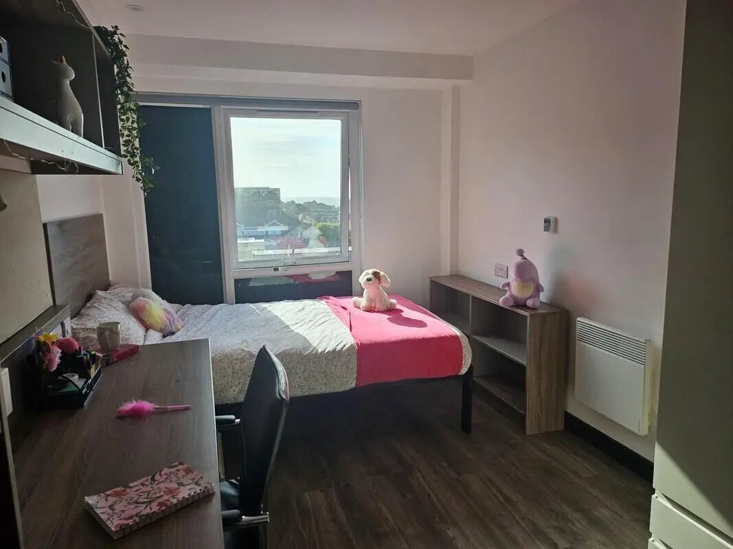 Desk bed shelf and window bedroom at Coppergate Swansea in Swansea Student Accommodation