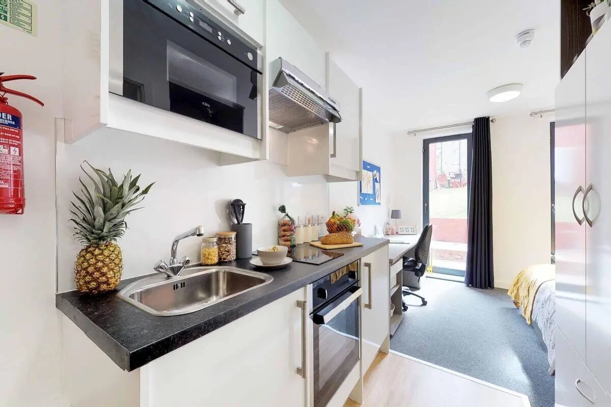Pineapple microwave sink oven desk bed studio apartment at Haymarket Edinburgh in Edinburgh Student Accommodation
