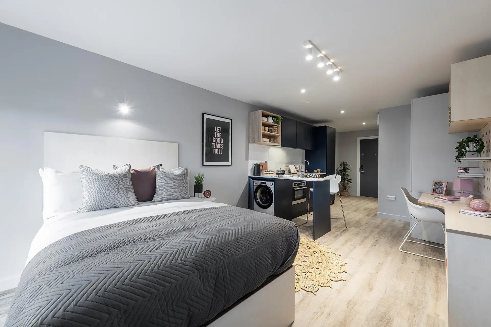 Bed kitchen study area student accommodation studio at Huxley Studios in Edinburgh Student Accommodation