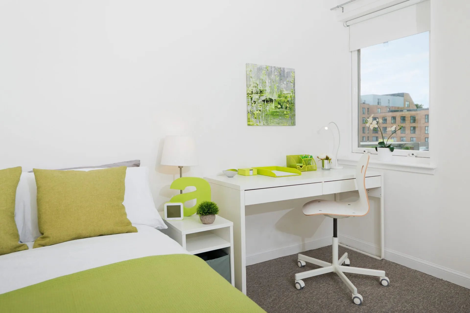 Bed desk lamp and chair bedroom study area at Trinity Court in Aberdeen Student Accommodation