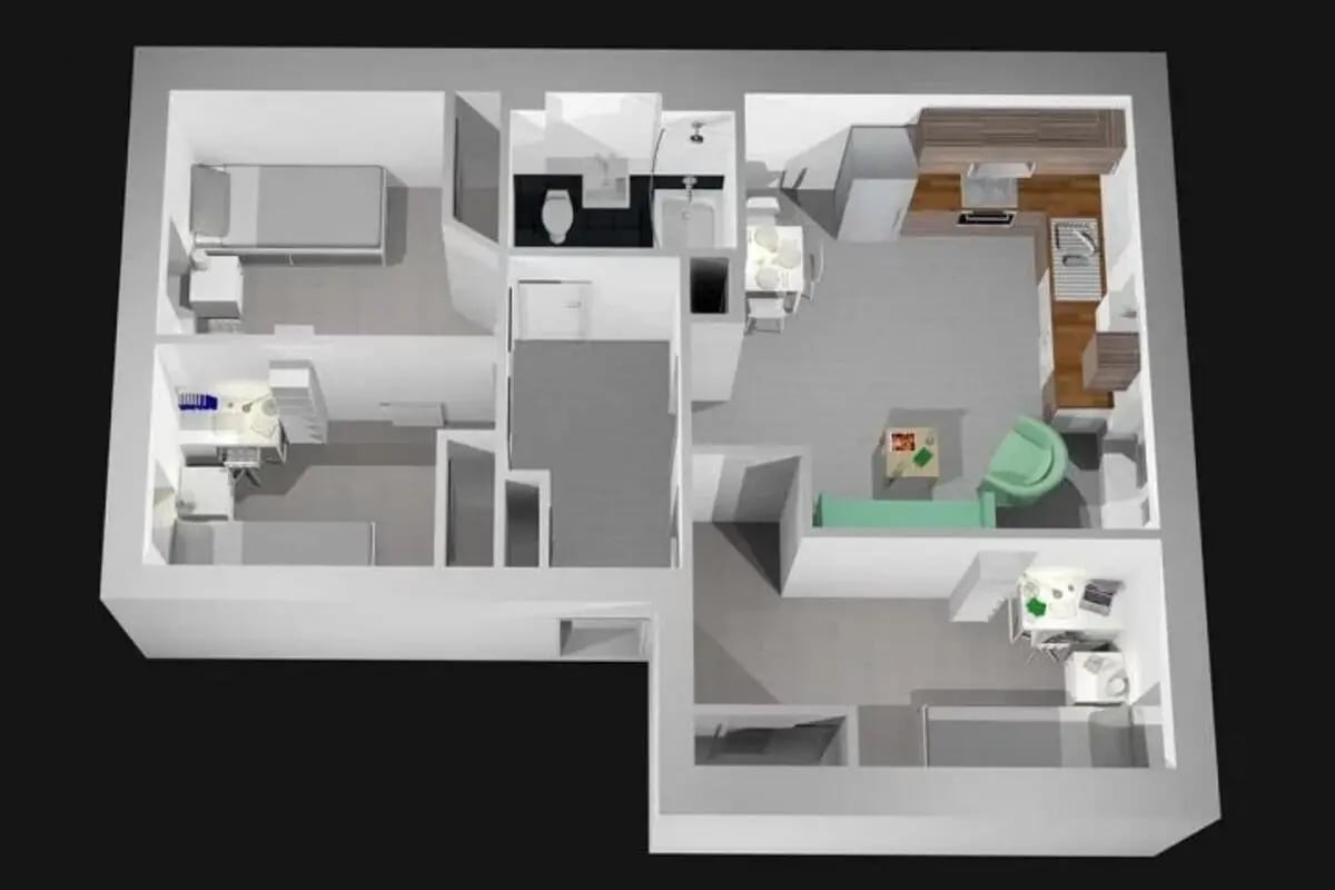 Floor plan with two bedrooms and living area at Linksfield in Aberdeen Student Accommodation