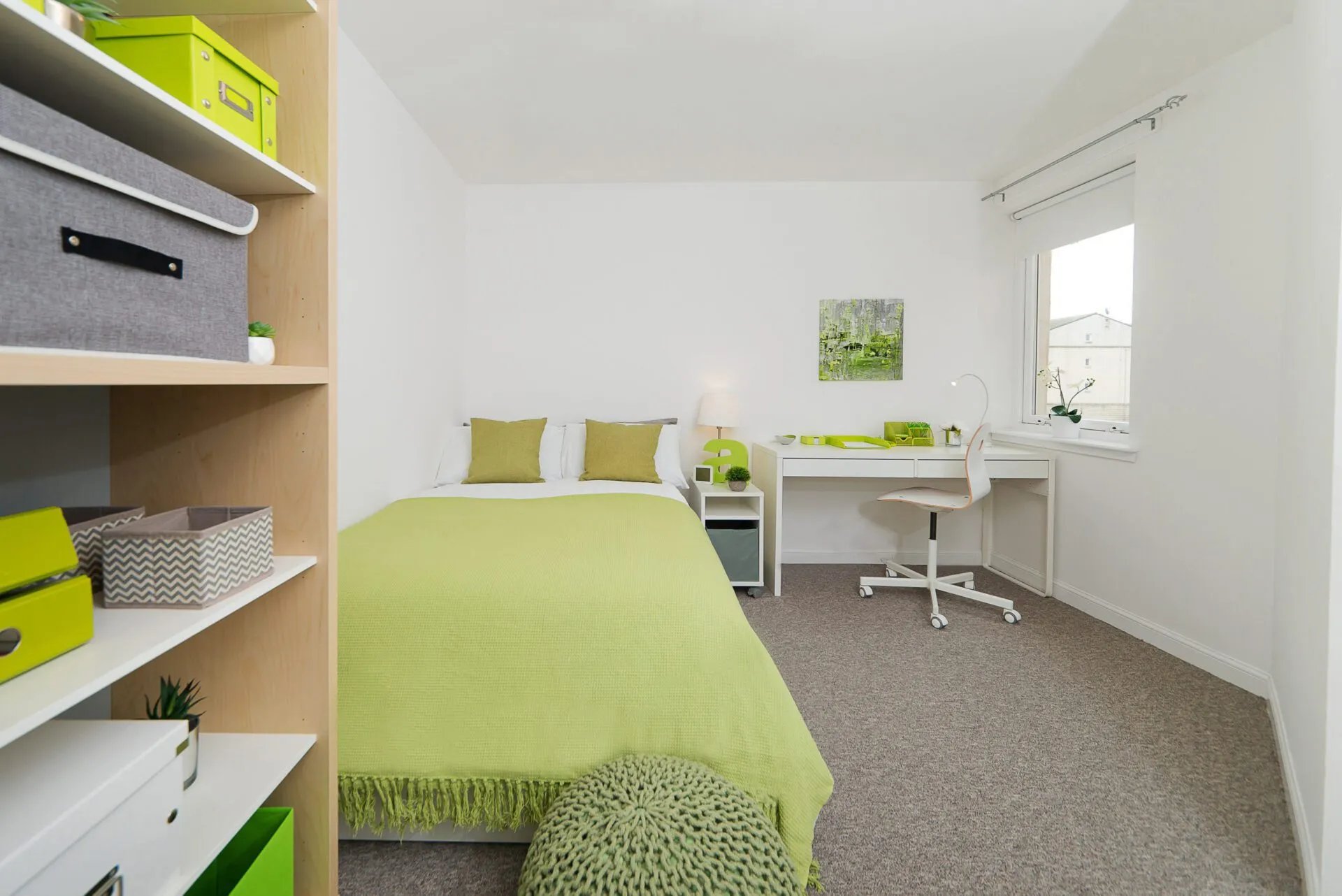 Bed desk shelves and storage boxes bedroom at Trinity Court in Aberdeen Student Accommodation