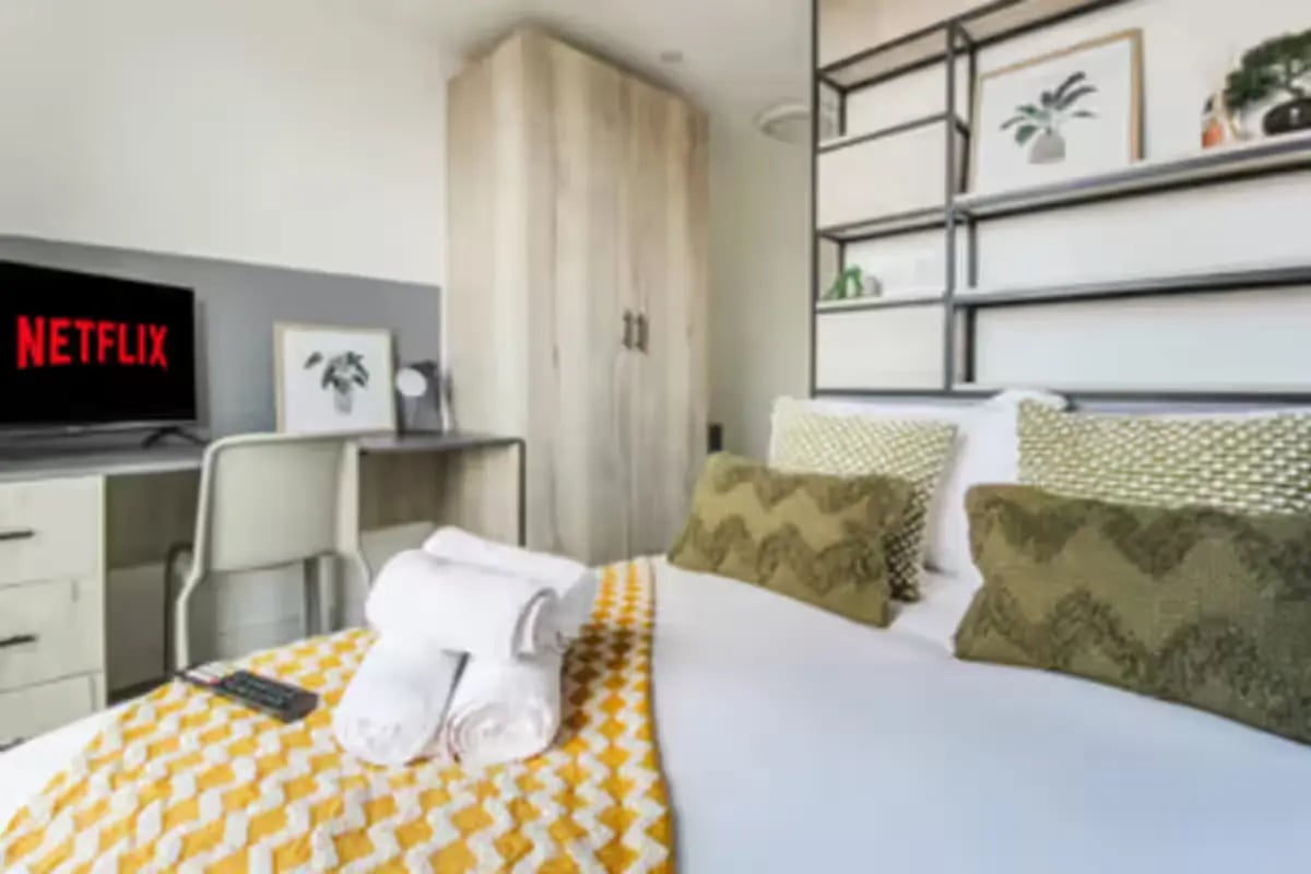 Netflix TV desk chair wardrobe shelving bed Bedroom at The Nest Leicester in Leicester Student Accommodation