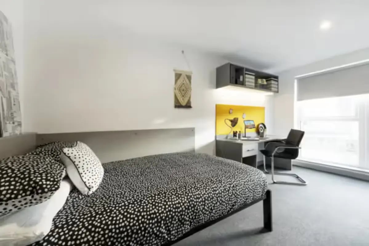 Bed desk chair shelving window bedroom at Pine Mill in Lincoln Student Accommodation