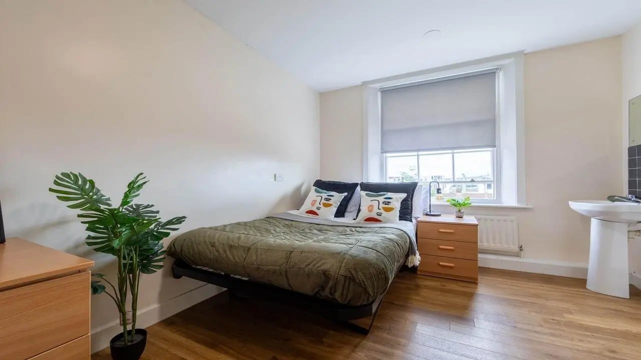 Bed with pillows plant sink and dresser bedroom at Garth Heads in Newcastle Upon Tyne Student Accommodation