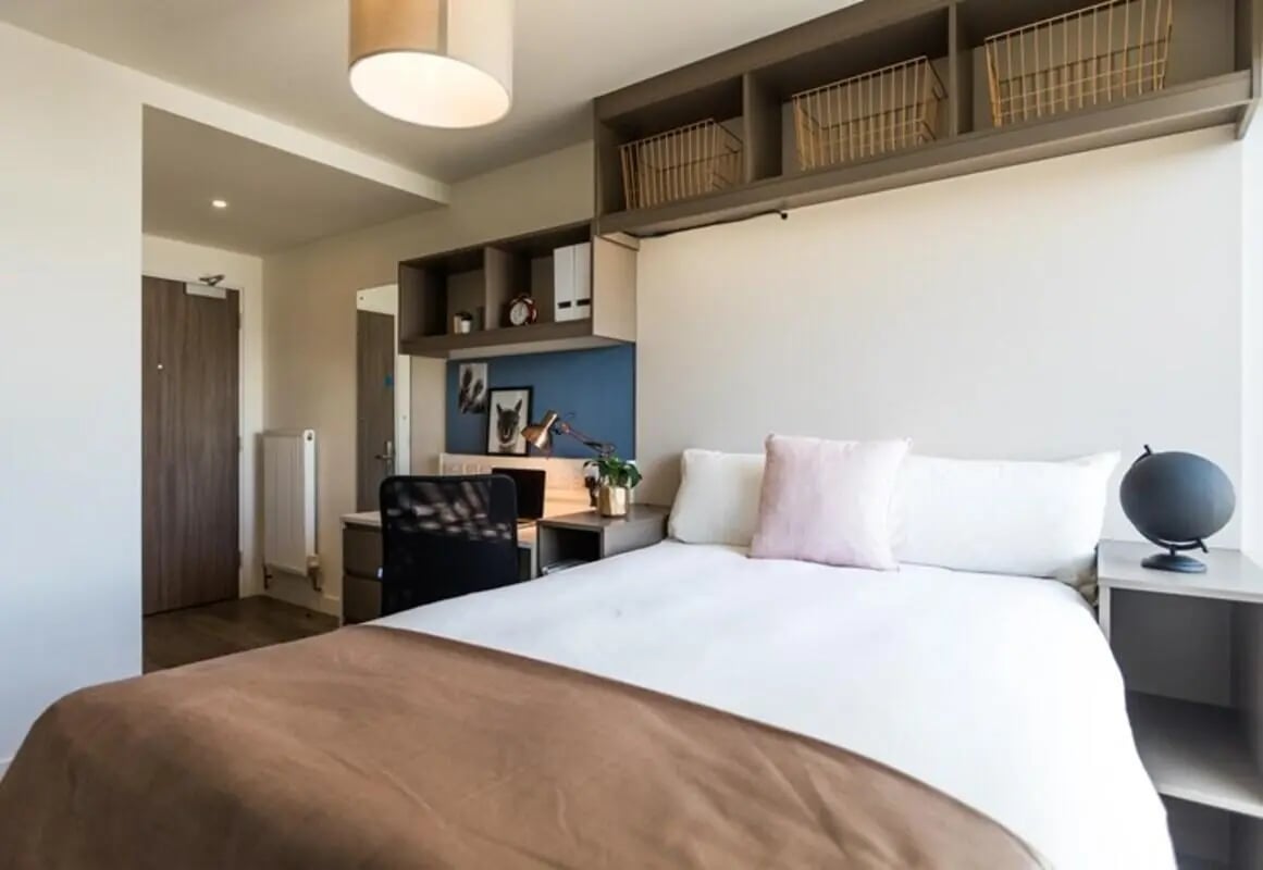 Bed desk chair globe shelves bedroom at Aparto Arbury Court in Kingston Upon Thames Student Accommodation