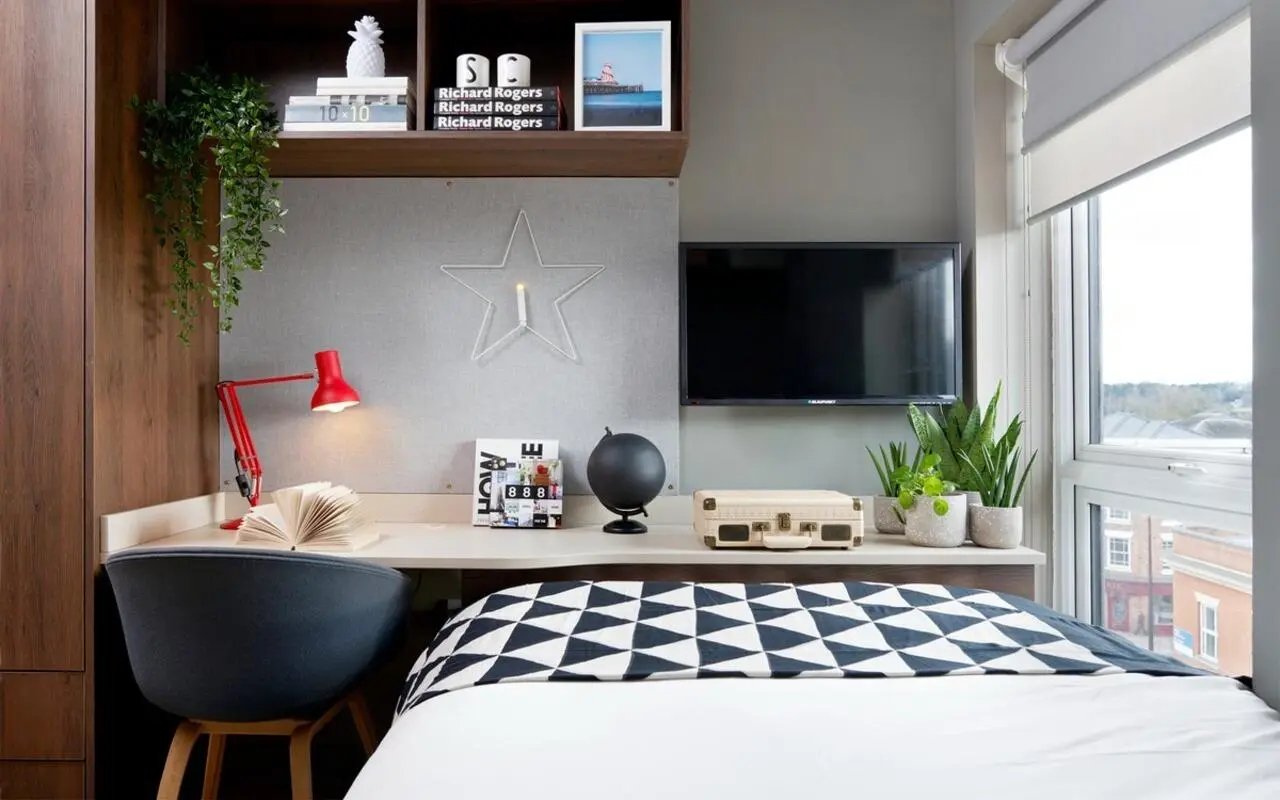Desk lamp globe TV plants and bed Bedroom at Student Castle Lincoln in Lincoln Student Accommodation