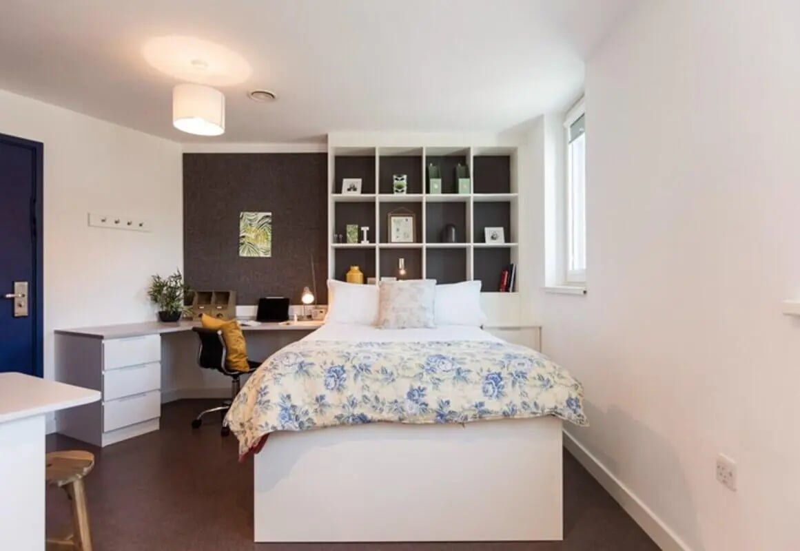 Bed desk shelves and chair bedroom at Vogue Studios in Brighton Student Accommodation