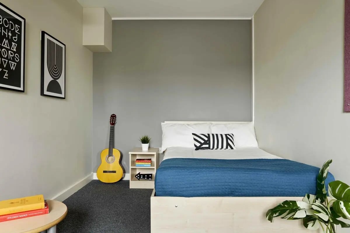 Bed guitar nightstand art Bedroom at Central Quay in Sheffield Student Accommodation
