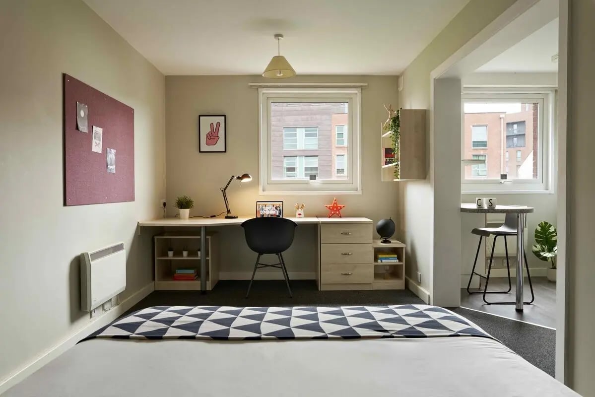 Desk chair globe and bed study area at Central Quay in Sheffield Student Accommodation