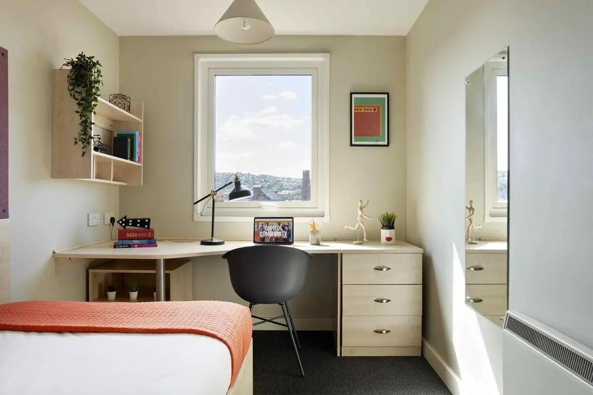 Desk chair bed shelves and laptop Study area at Central Quay in Sheffield Student Accommodation