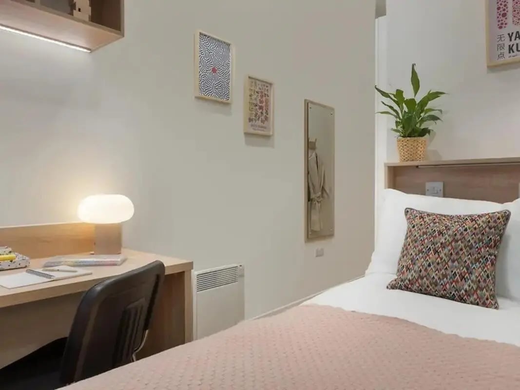 Desk lamp framed art plant and bed bedroom at Yugo St. Crispin's House in Norwich Student Accommodation
