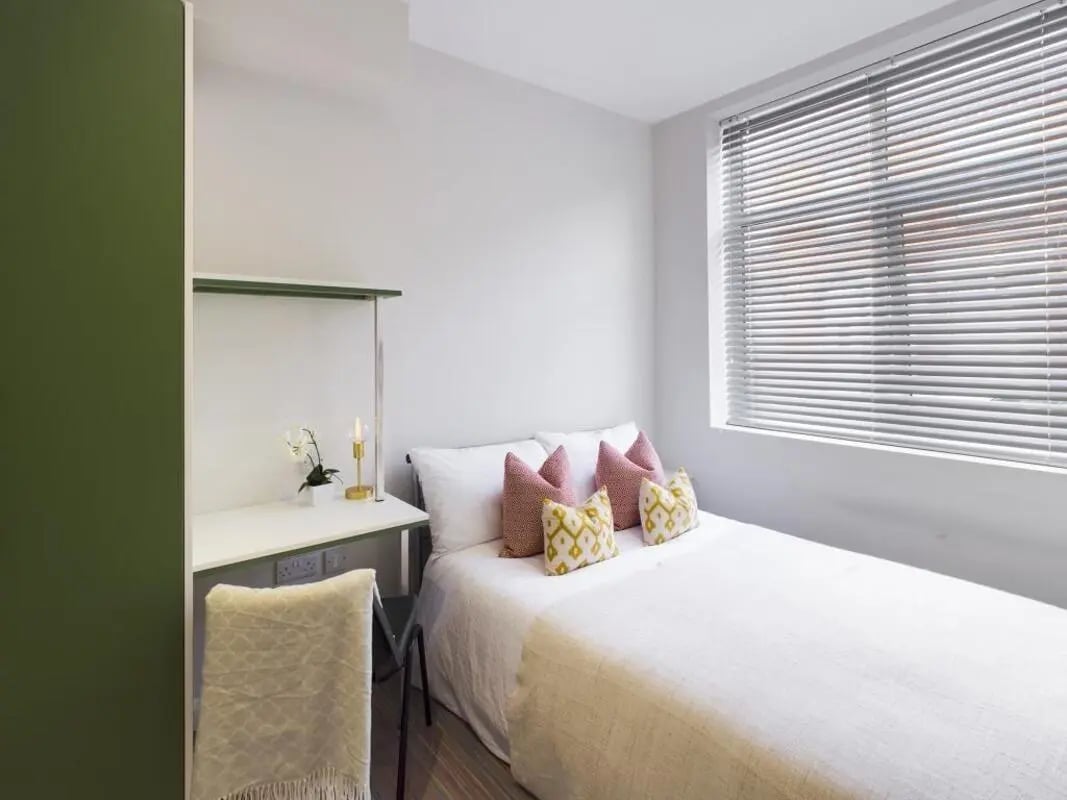 Bed desk chair plant lamp cushions bedroom at 41 Guildford Street in Stoke-On-Trent Student Accommodation