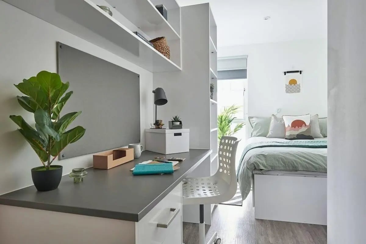 Desk plant lamp storage bed study area bedroom at The Reservoir in Plymouth Student Accommodation