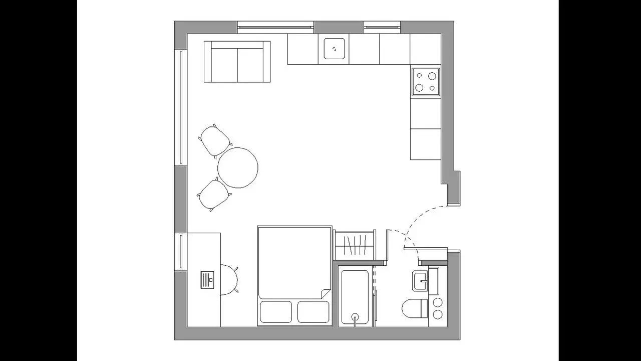 Floor plan with sofa kitchen dining and bedroom at Pablo Fanque House in Norwich Student Accommodation