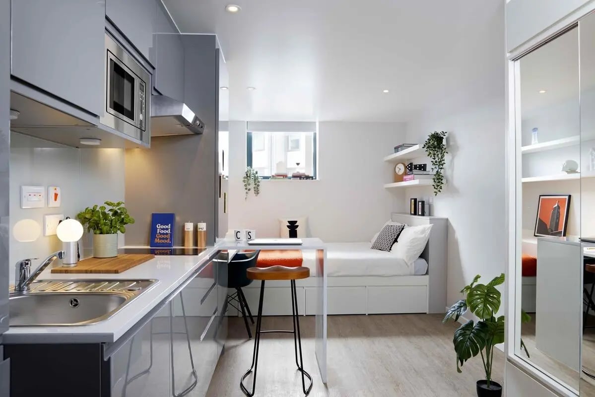 Kitchen, bed, desk, shelves, and plant studio apartment at St Teresa House in Plymouth Student Accommodation