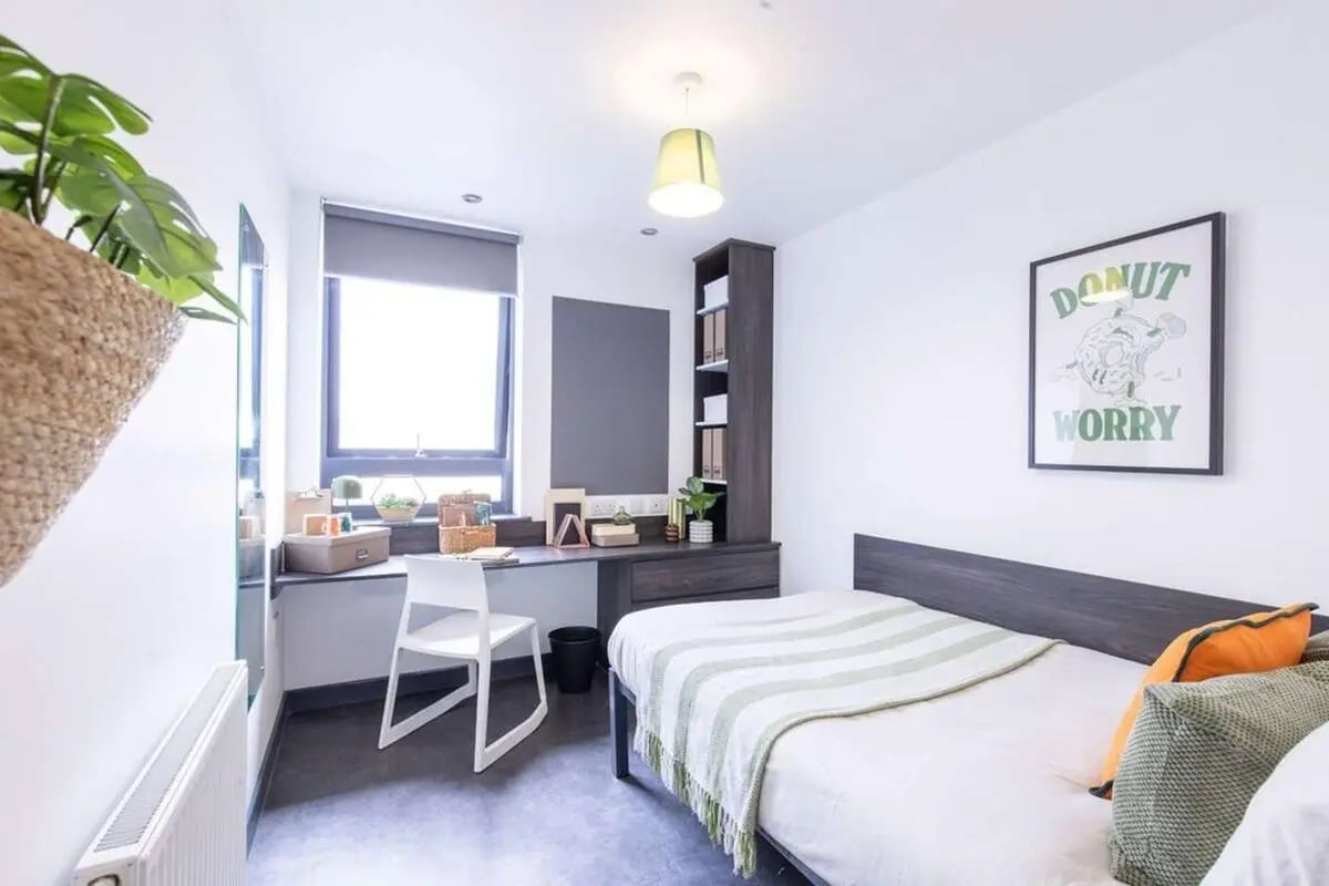 Bed desk shelving plant and poster bedroom at The Foundry Newcastle in Newcastle Upon Tyne Student Accommodation