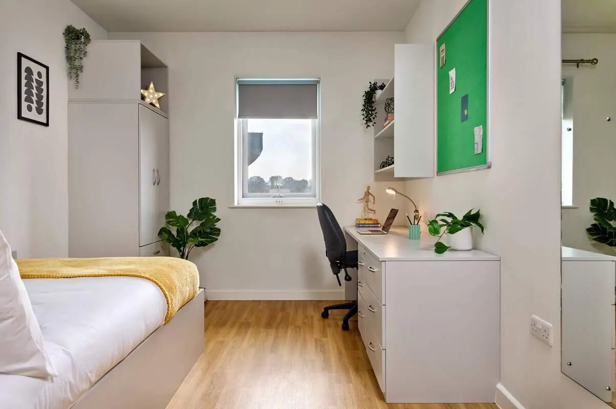 Bed desk wardrobe plants bedroom study area at The Maltings in Colchester Student Accommodation