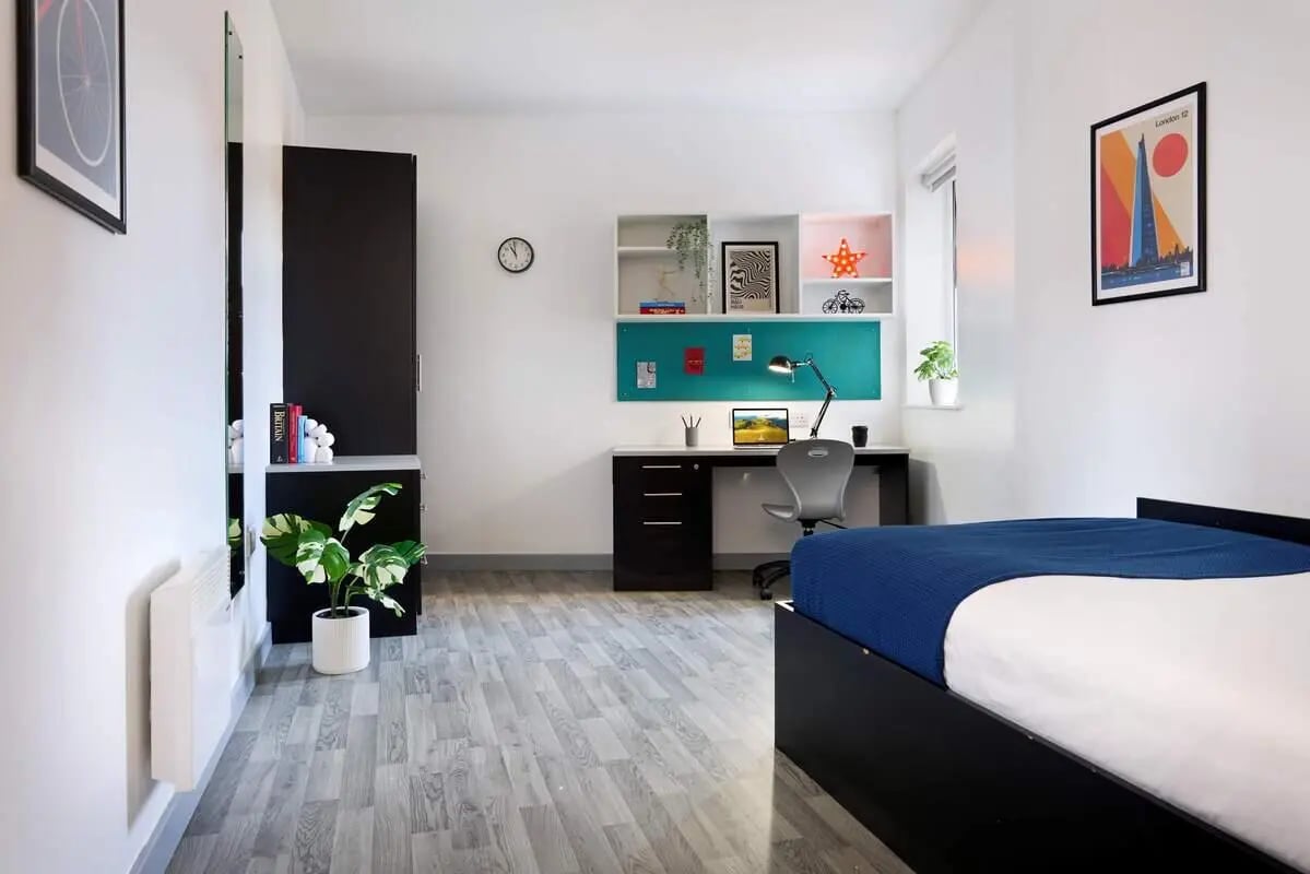 Bed desk plant storage unit bedroom at The Maltings in Colchester Student Accommodation