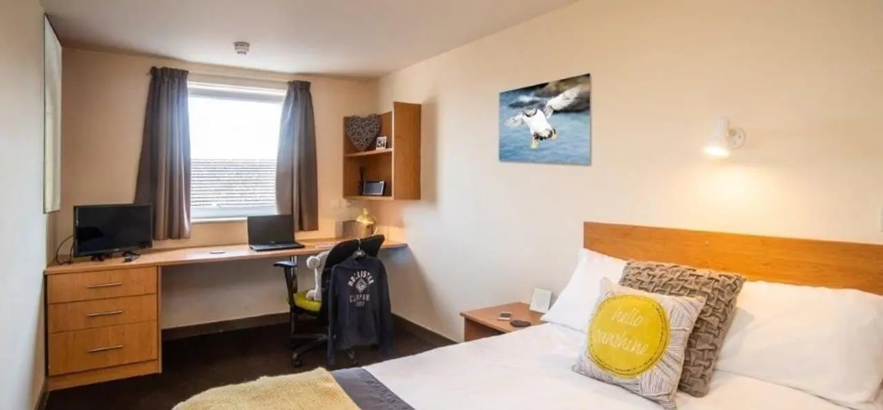 Desk with laptop TV and bed Bedroom at Asha House in Loughborough Student Accommodation