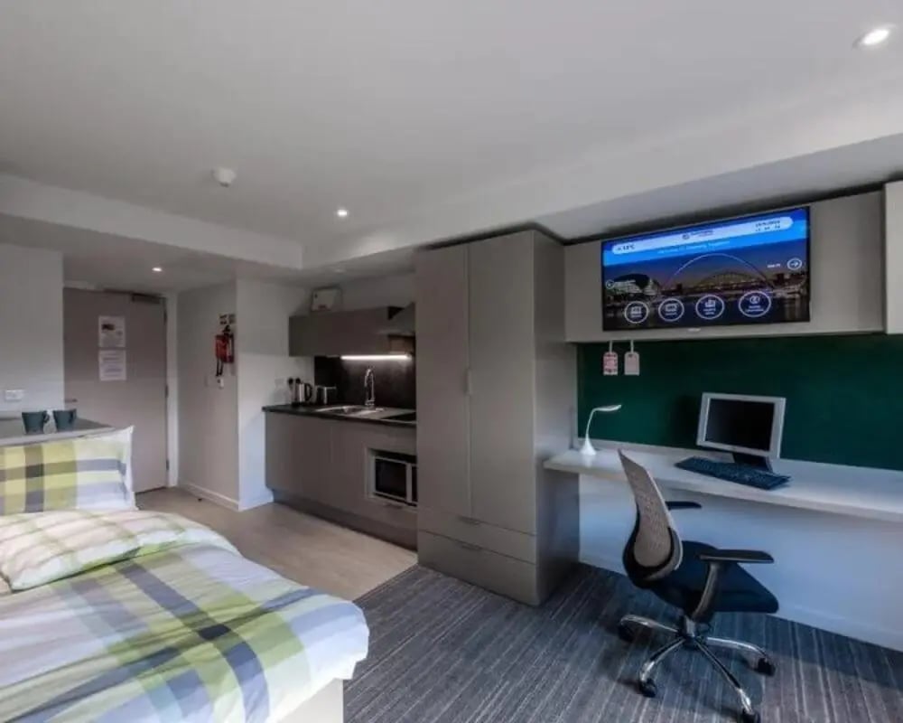 Bed kitchen desk TV student studio accommodation at Verde in Newcastle Upon Tyne Student Accommodation