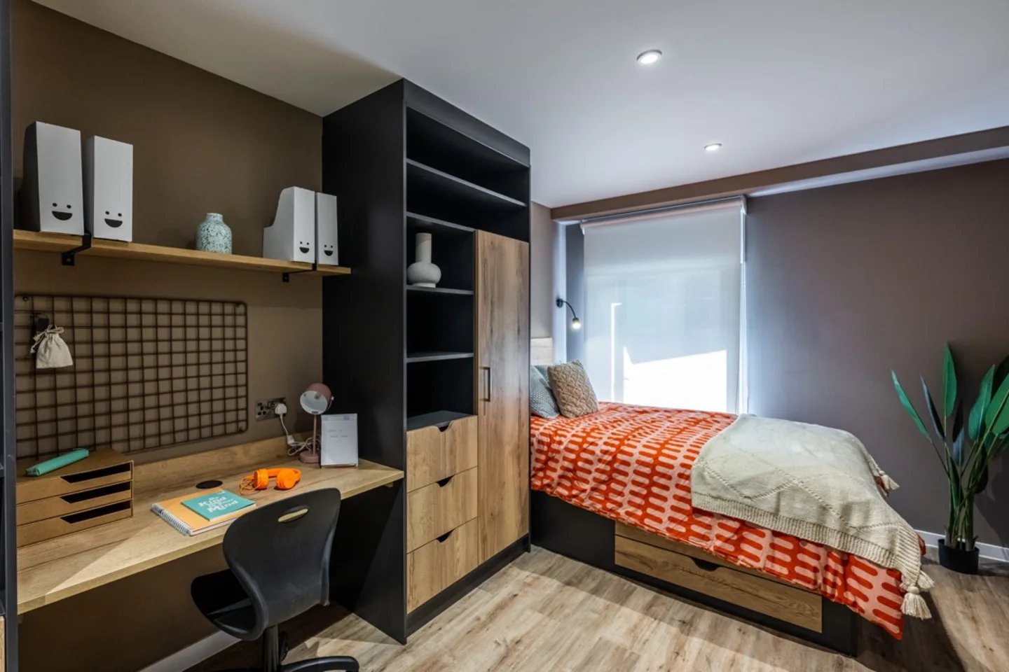 Desk bed shelves wardrobe bedroom study area at Murieston Crescent - Edinburgh in Edinburgh Student Accommodation