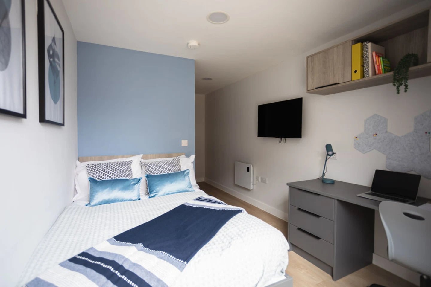 Bed desk TV and shelf bedroom at Boutique Student Living - Exeter in Exeter Student Accommodation
