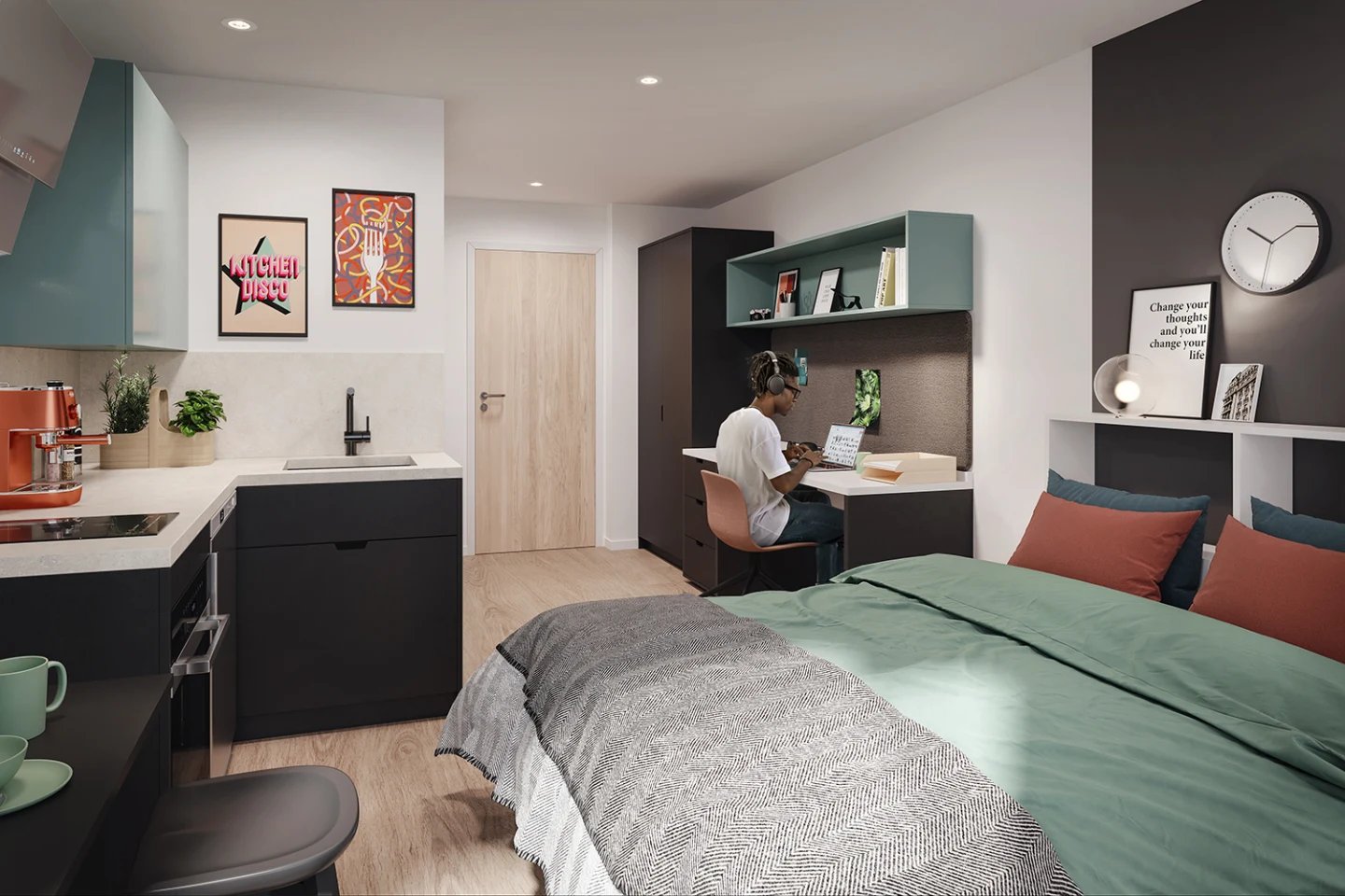Kitchen study area and bedroom at Enso in Colchester Student Accommodation