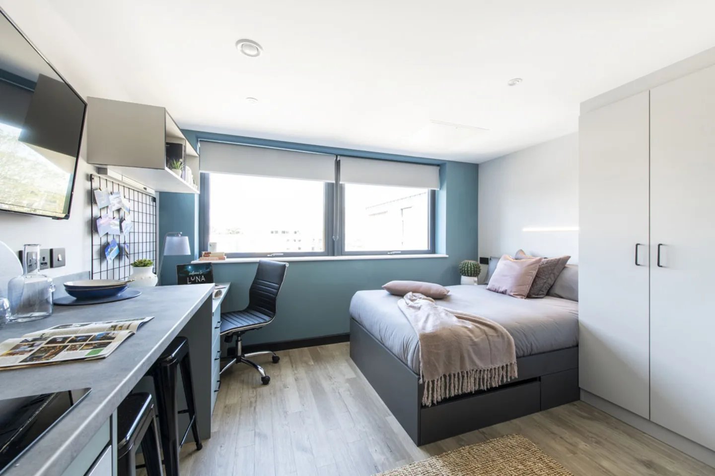 Bed desk chair and closet student studio. at Luna Hatfield in Hatfield Student Accommodation