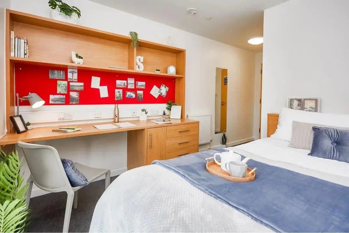 Desk and bed with decor Bedroom study area at Grenville Street in Liverpool Student Accommodation