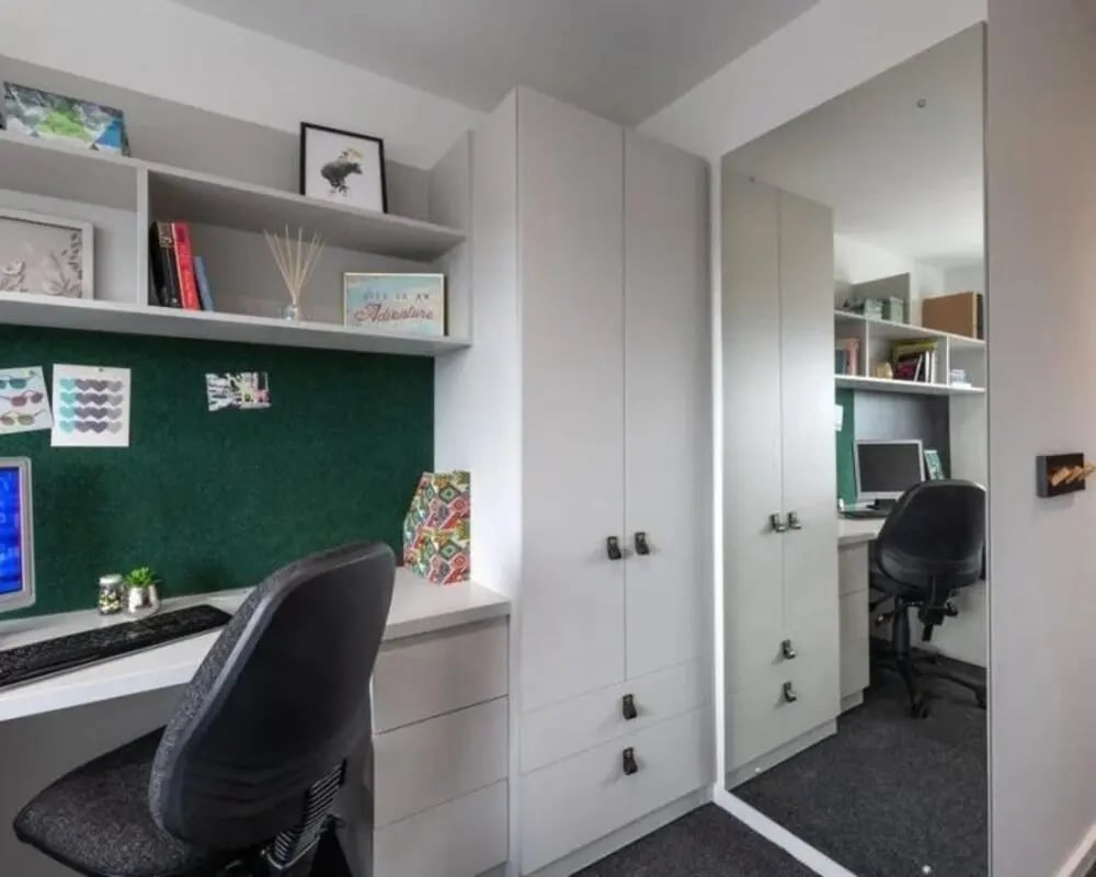 Desk chair monitor shelving mirror study area at West View in Glasgow Student Accommodation