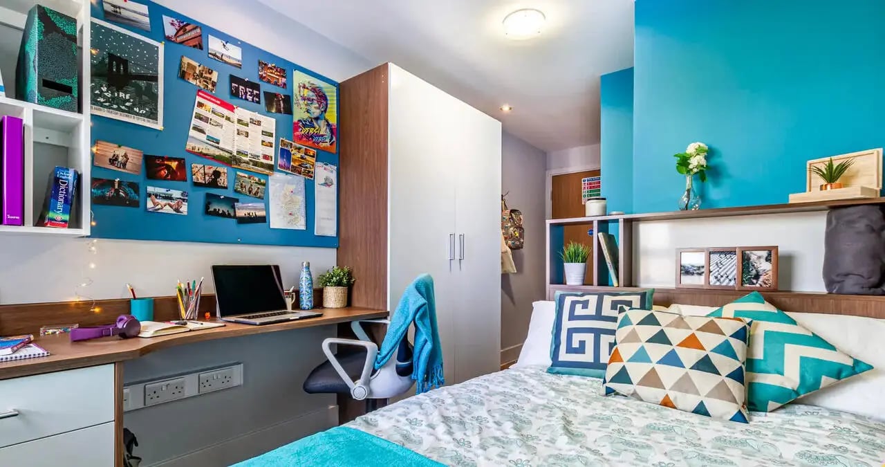 Desk bed whiteboard and wardrobe bedroom at Kaplan Living Glasgow - Old Dumbarton Road in Glasgow Student Accommodation