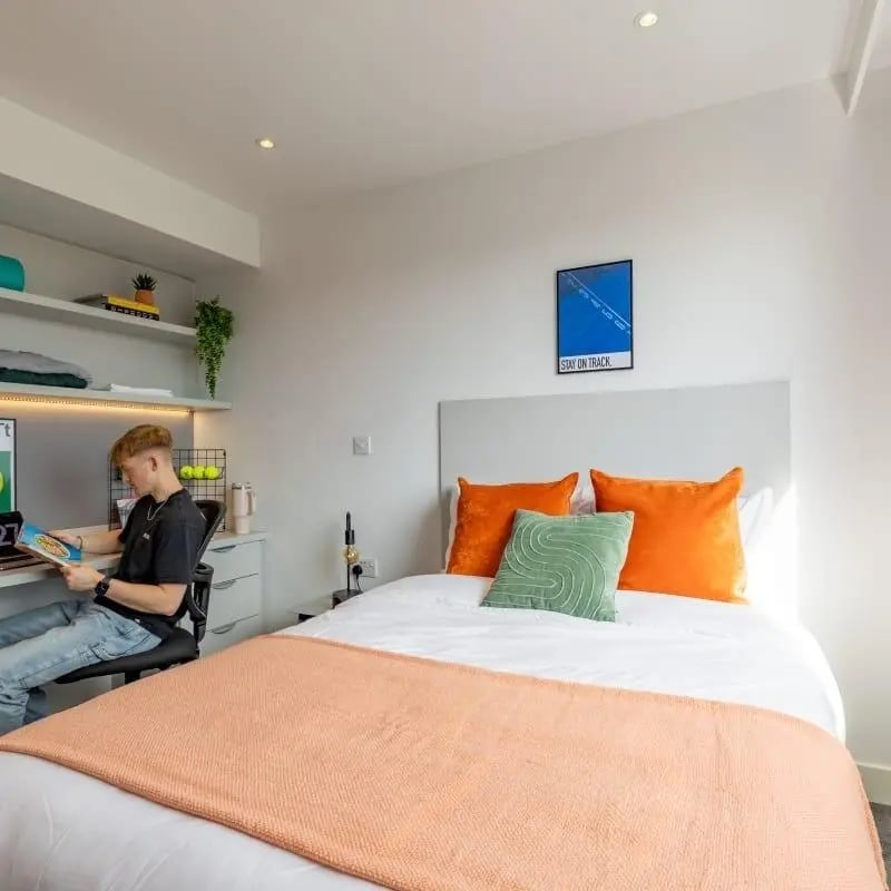 Student reading at desk with bed bedroom study area at True Manchester-Salford in Salford Student Accommodation