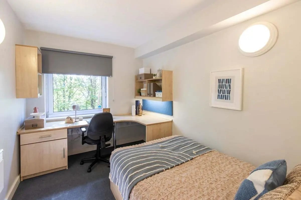 Bed desk chair shelves window framed art bedroom at Charlotte Court in Sheffield Student Accommodation
