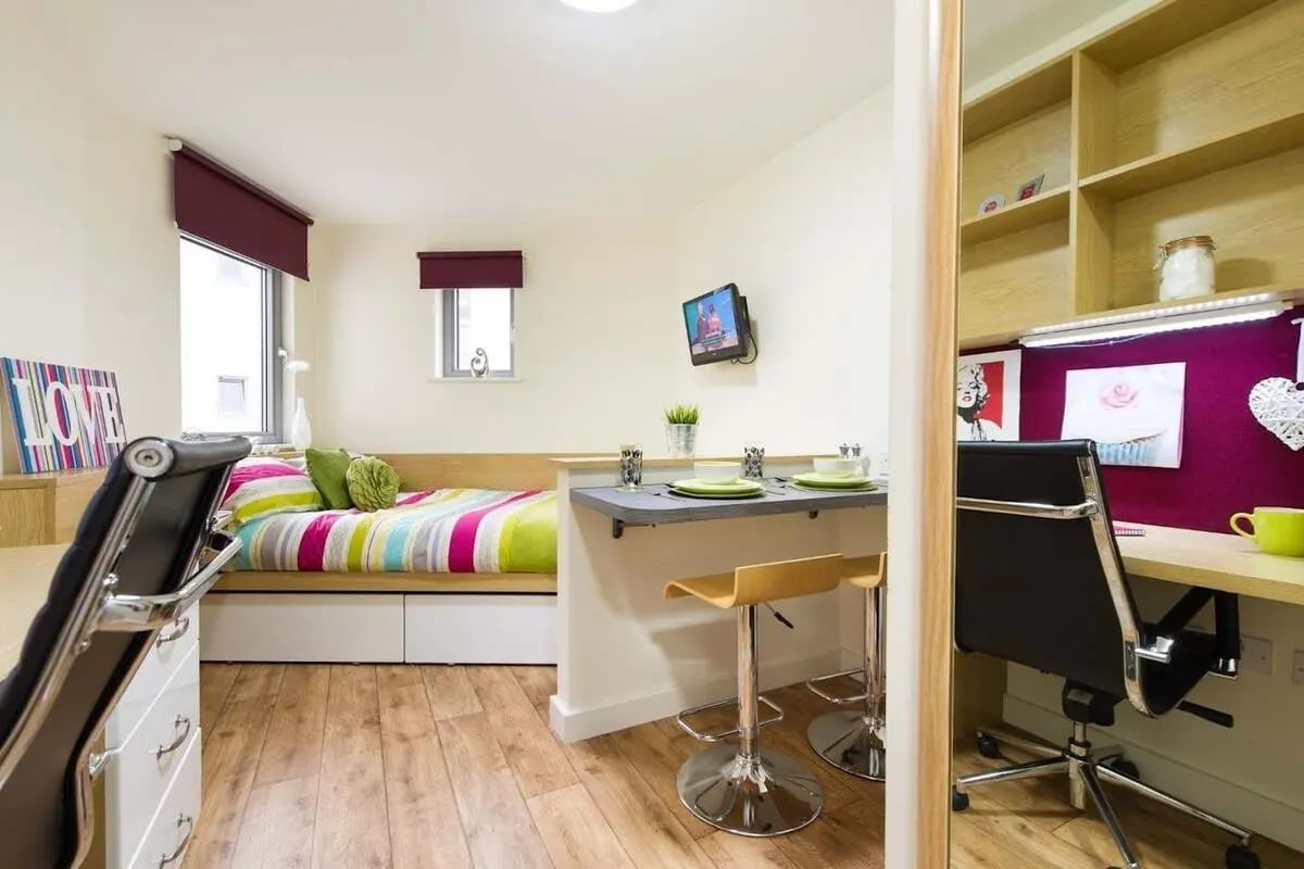 Bed desk bar area study bedroom at Optima in Loughborough Student Accommodation
