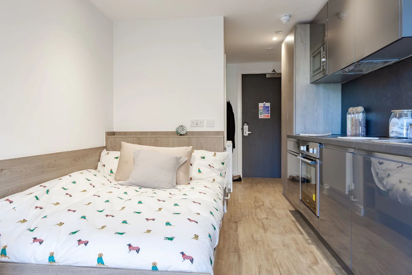 Bed with dog pattern duvet and kitchen area studio apartment at Pavilion Point in Brighton Student Accommodation
