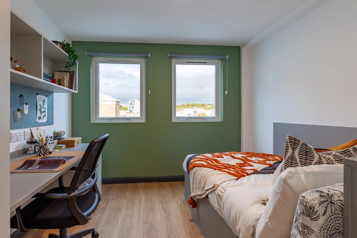Desk bed shelves and windows bedroom at Winfield Court in Nottingham Student Accommodation