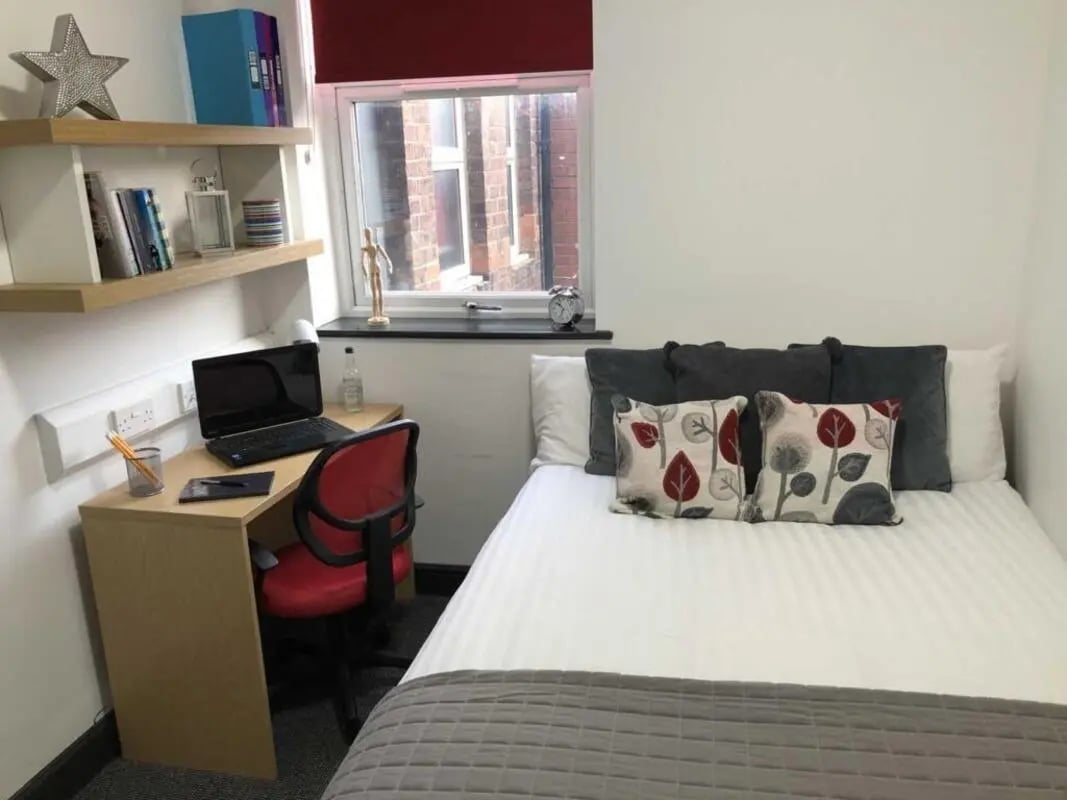 Desk laptop chair and bed bedroom at Mandale Terrace in Stockton-On-Tees Student Accommodation