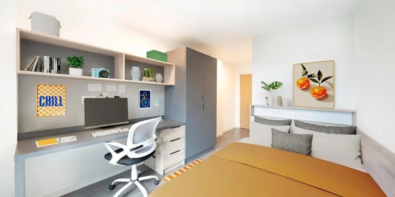 Desk bed wardrobe wall art bedroom at Canvas Glasgow in Glasgow Student Accommodation