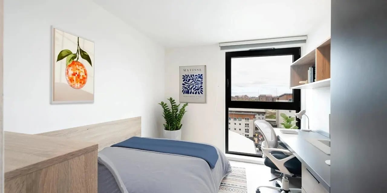 Bed desk artwork and plant bedroom at Canvas Glasgow in Glasgow Student Accommodation