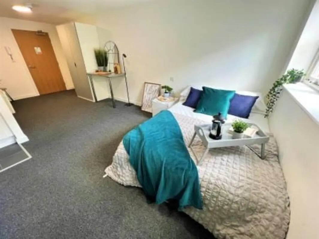 Bed with tray pillows and plants bedroom at Tudor Studios in Leicester Student Accommodation