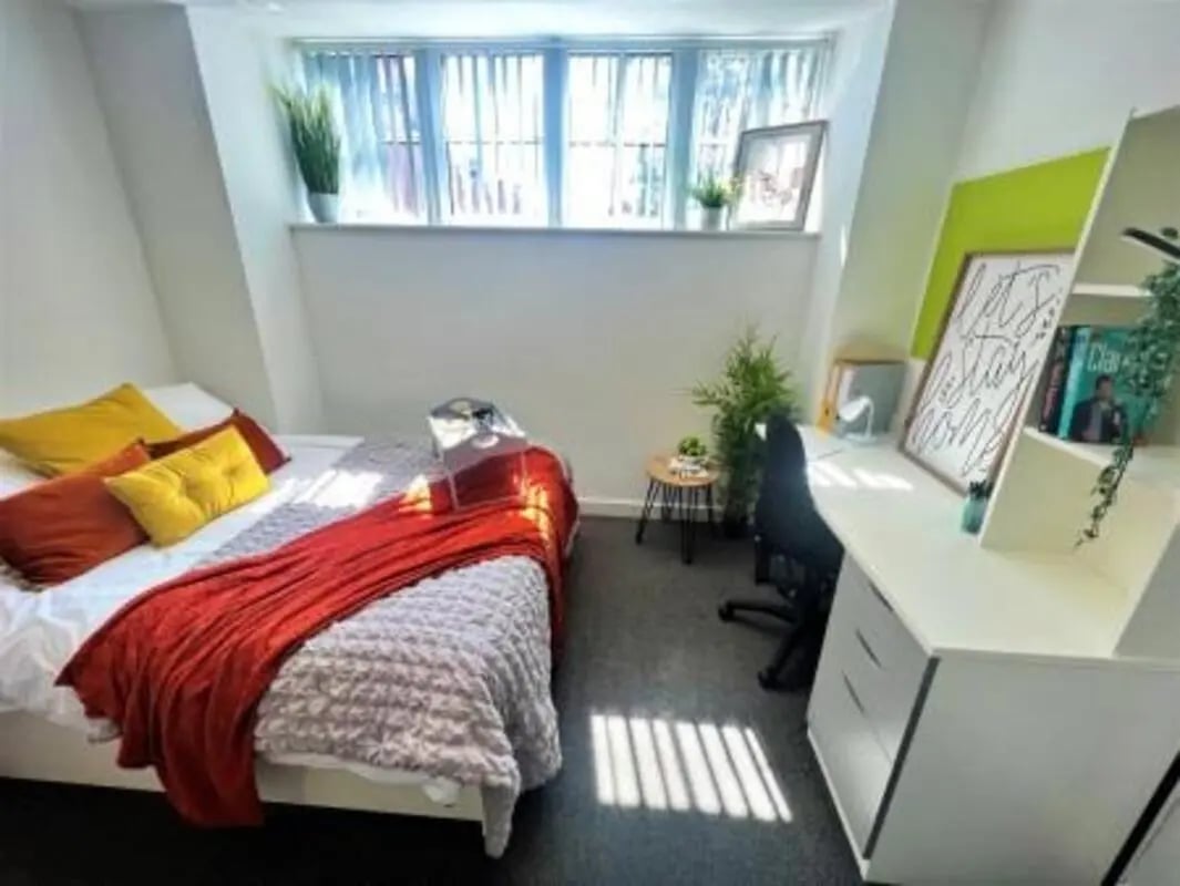 Bed desk chair pillows plants artwork Bedroom at Tudor Studios in Leicester Student Accommodation
